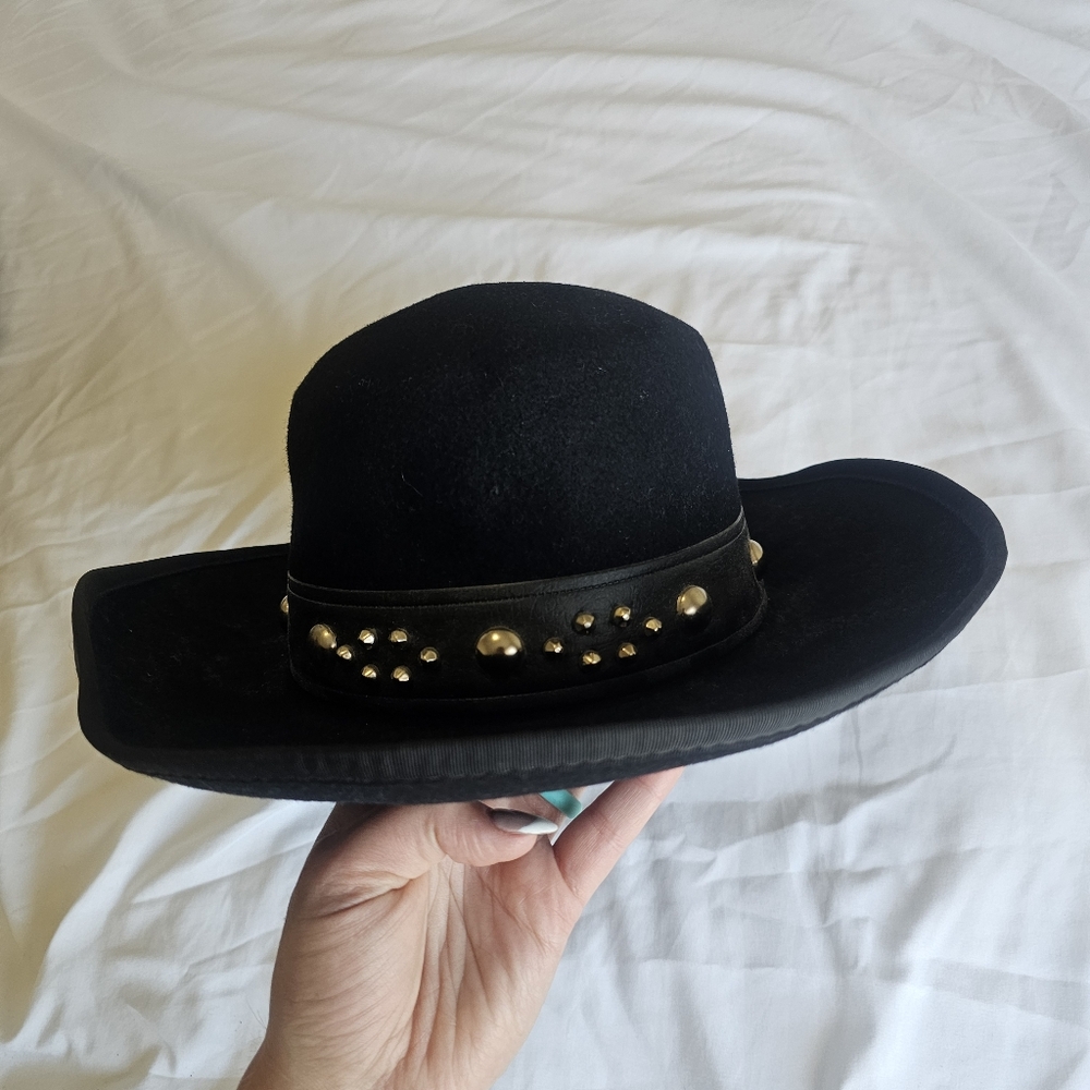 Vintage Hat Santa Fe WPL 5923 Black Wool Studded Western Cowboy Size 7 1/4*has